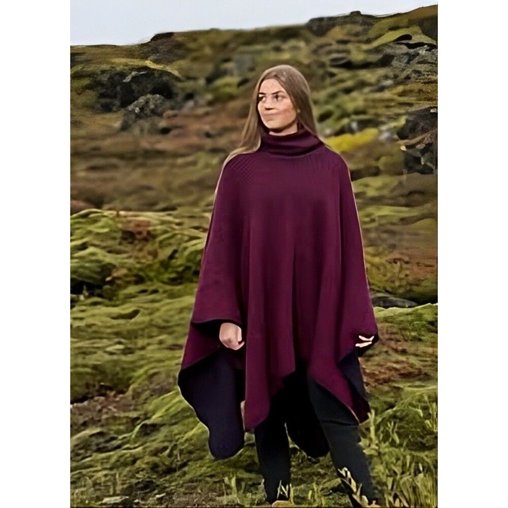 Icewear Ríkey Long Maroon / Navy Icelandic Wool Poncho Cape, Cowl Roll Neck OS
